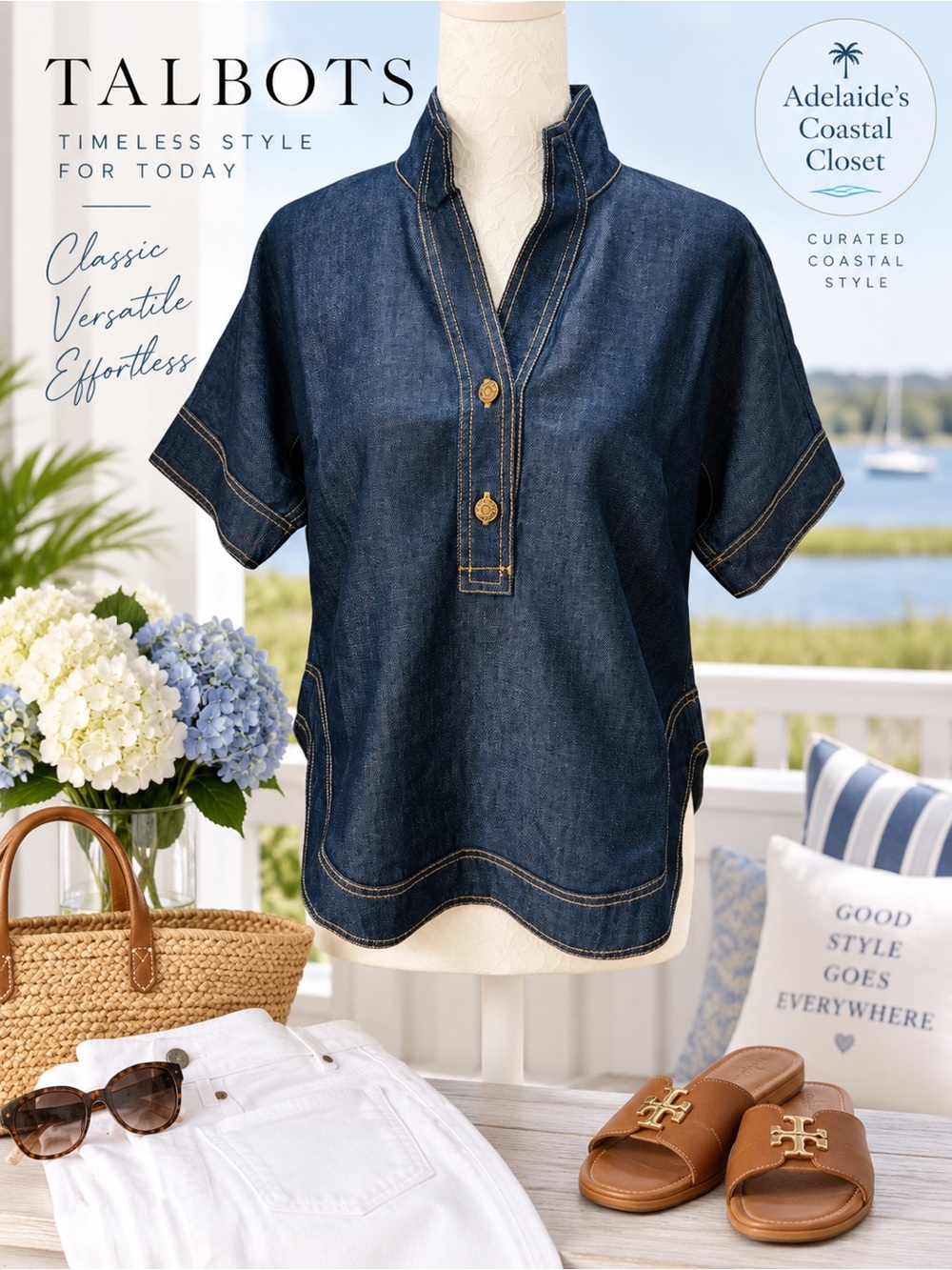 NWT Talbots Denim Split Neck Popover Tunic Top XS Lyocell